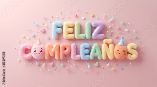 Pastel Pink Feliz Cumpleanos Text With Cute Cute Party Hat Decorations