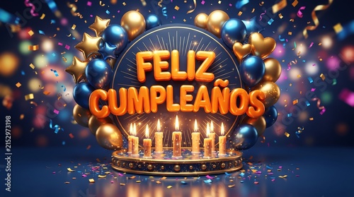 Glowing Gold Feliz Cumpleanos Text Stage With Balloons And Confetti