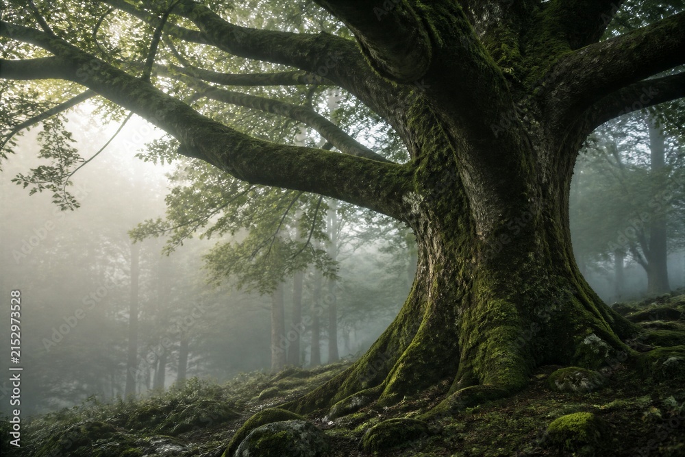 Fototapeta premium Ancient oak tree standing in misty forest clearing