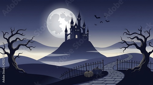 Spooky castle silhouetted against a full moon on a dark and eerie halloween night landscape