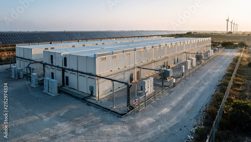 Industrial battery energy storage containers located at a solar power plant site facility.