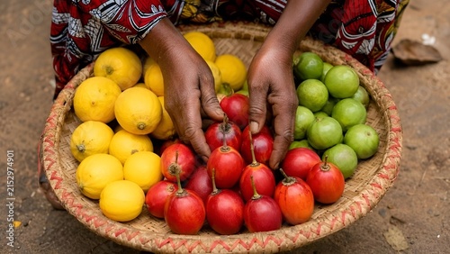 African Woman Arranging Fresh Yellow Lemons and Red Tamarillos in Woven Basket at Local Market