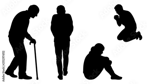 Quadro su tela Sad and Lonely People Silhouette Set with Elderly Man Walking with Cane, Depress