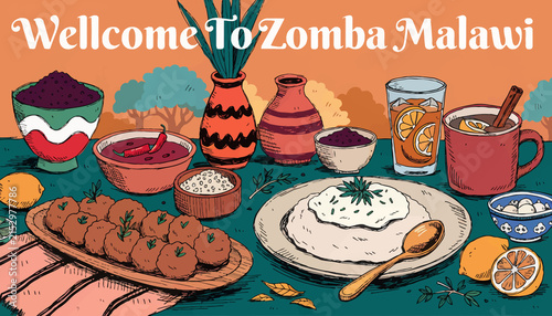 Welcome to Zomba, Malawi: Vibrant Illustration of Malawian Food and Culture