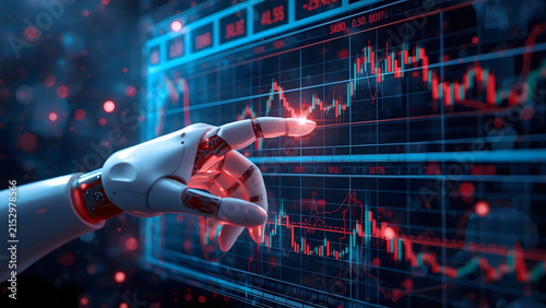 Robotic hand analyzing stock market charts, AI trading technology concept, futuristic financial data visualization with glowing red and blue graphs