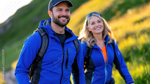 Couple hiking on a sunny mountain trail enjoying nature