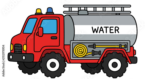 Cute Cartoon Water Tanker Fire Truck Vector Illustration