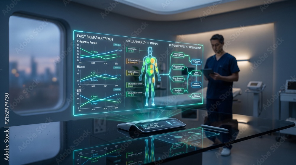 Fototapeta premium Medical professional analyzing futuristic holographic patient data in a modern clinic room
