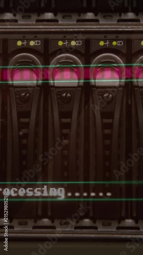 Animation of data processing over close up of computer server