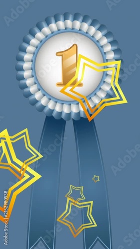 Animation of floating golden start and 1st place medal on blue background