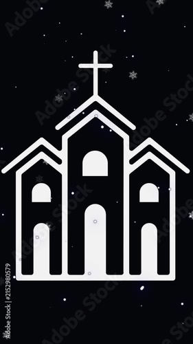 Animation of snow falling over church on black background