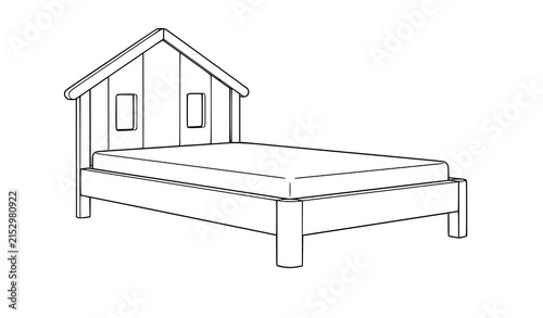 Playful house-shaped children’s bed frame minimalist outline vector illustration