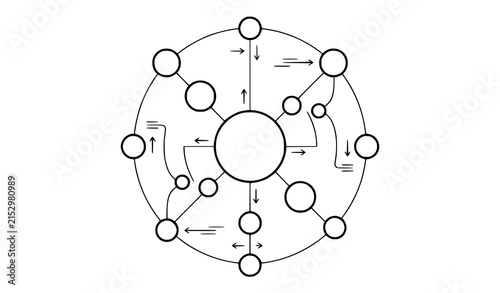 Radial network diagram with connected nodes and data flow technology vector illustration