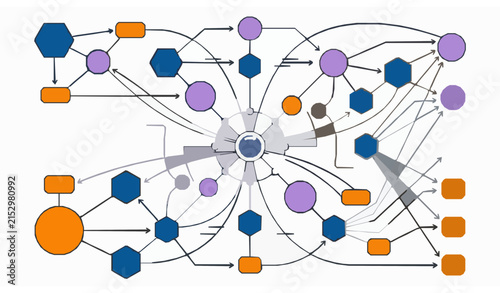 Clustered network ecosystem with connected nodes and communication data flow vector illustration