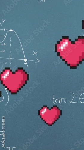 Animation of hearts falling over mathematical equations on chalkboard
