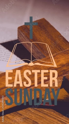 Animation of easter sunday over wooden christian cross and bible
