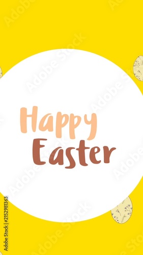 Animation of happy easter in circle over easter eggs on yellow background