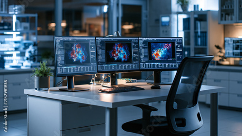 Computational biology desk with molecular screens and density maps showcasing cryo EM protein science workflow