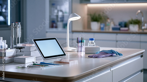 Clean cryo EM sample preparation bench with vitrification tools pipettes and tablet showcasing advanced protein research workflow