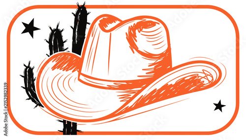 Western Cowboy Hat and Cactus Silhouette - Retro Vintage Style Graphic