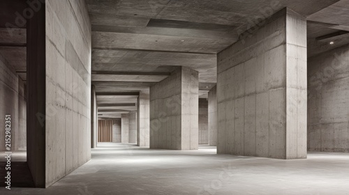 Concrete ADU Empty concrete interior with pillars and beams in a large unfinished industrial or commercial building space.
