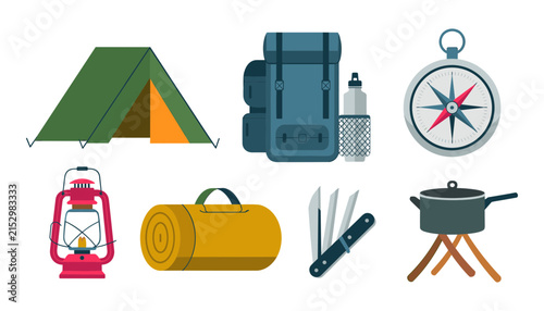 Konstfotografi Camping and Outdoor Adventure Equipment Vector Icon Set Featuring Tourist Tent,