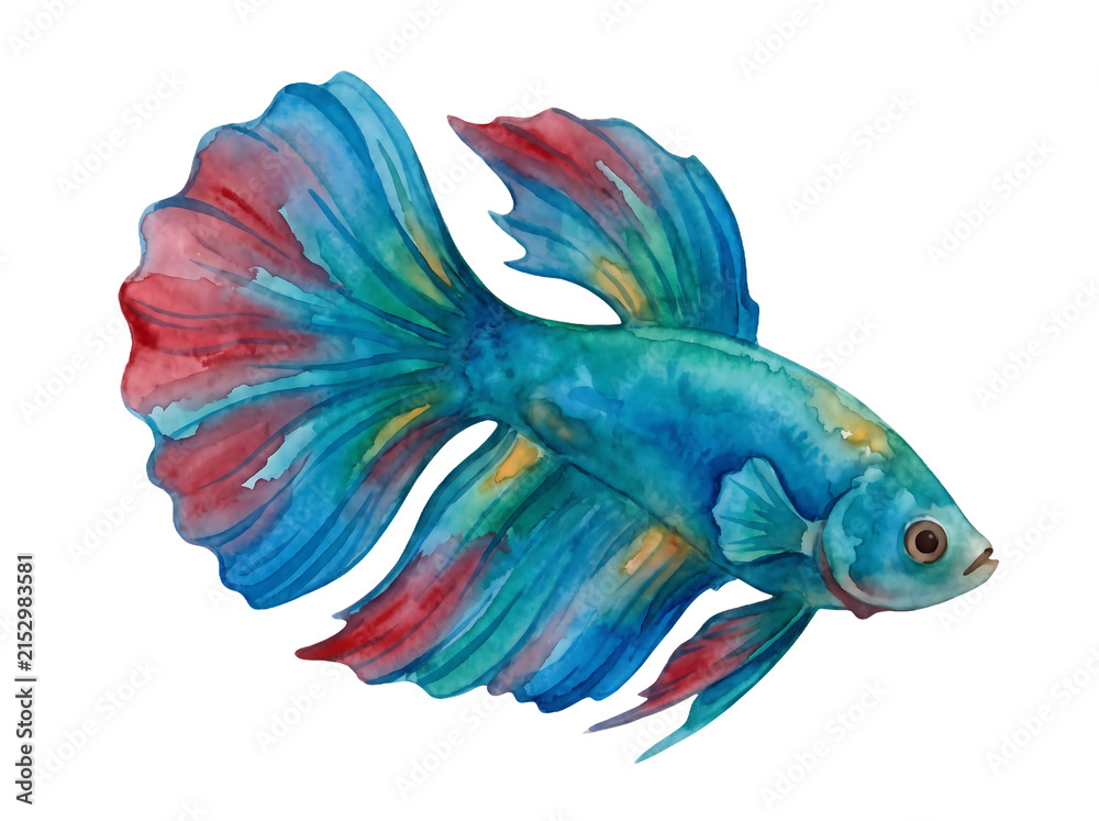 Fototapeta premium Colorful Betta Fish Watercolor Illustration with Blue Red Flowing Fins
