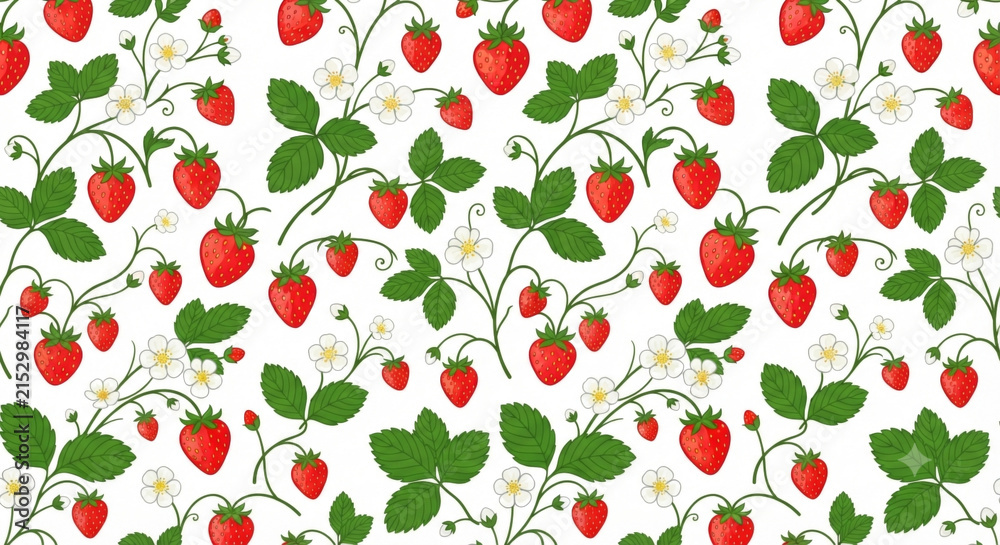 strawberry, seamless pattern, berry, plant, leaf, flower, garden, nature, summer, red berry, green background, textile design, wallpaper, cardboard box, vector, pattern, seamless, fruit, illustration
