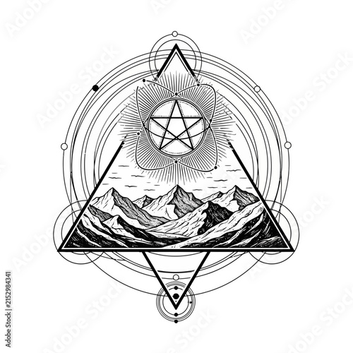 Foto Sacred Geometry Mountain Design with Pentagram Symbol.