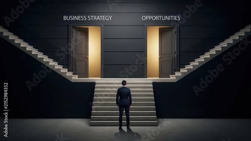Businessman Facing Two Open Doors: Business Strategy or Opportunities, Symbolizing Career Choice