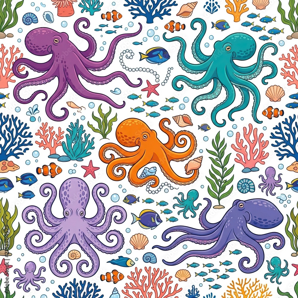 Fototapeta premium Seamless ocean pattern featuring colorful octopuses, coral reefs, and tropical fish