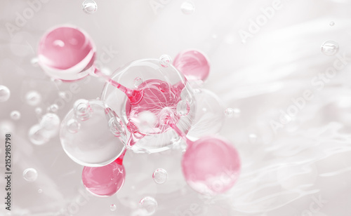 Obraz na plátně Pink 3D molecule in clear water with air bubbles
