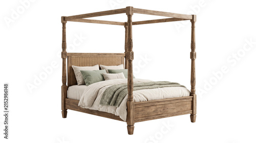 Rustic wooden canopy bed with four posts. Traditional oak four-poster bed frame with linen bedding. Classic bedroom furniture on white background.