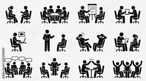 Modern Black and White Illustrations of Various Business Meeting Scenarios and Office Interactions