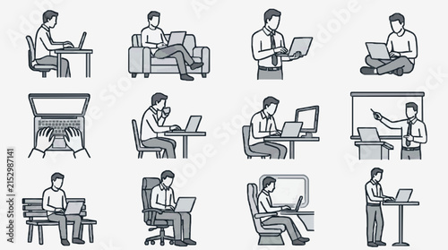 Modern Black and White Illustrations of Various Professional Remote Work and Office Scenarios with high quality professional line art symbols for modern creative design and digital branding projects