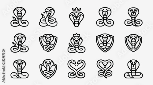 Modern Black and White Line Art Collection of Cobras and Uraeus Symbols in Various Stylized Designs