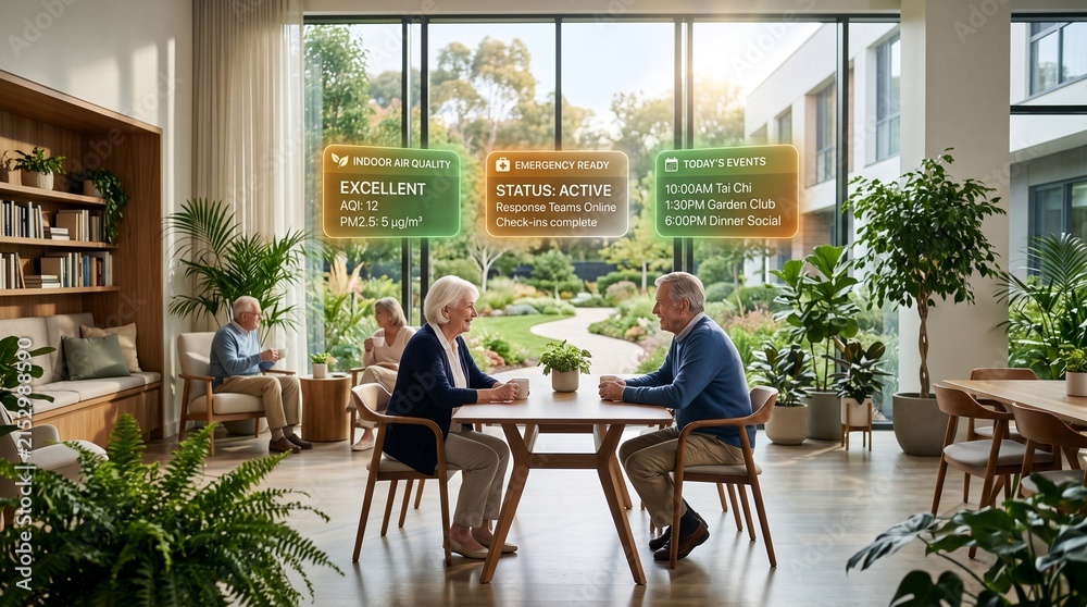 Fototapeta premium Senior couple sitting together at a table in a modern assisted living facility with augmented reality displays showing health metrics