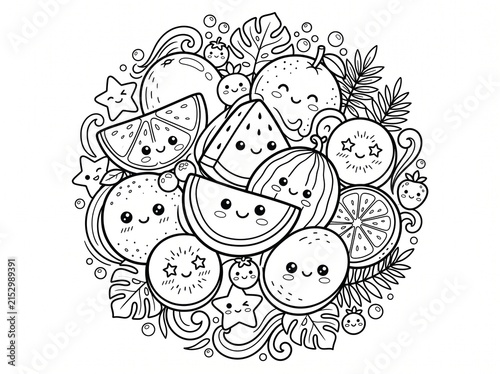 Circular Cute Kawaii Fruit and Healthy Food Doodle-Style Coloring Book Page Line Art Illustration