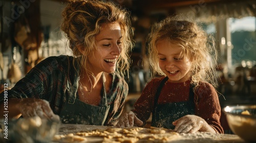 Joyful mother and daughter baking pizza together in rustic kitchen setting