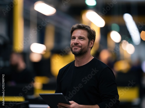 A smiling man in a black shirt uses a tablet on a brightly lit factory floor, with blurred yellow machinery and lights in the background.