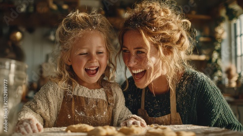 Joyful mother and daughter baking together in cozy kitchen with warm sunlight