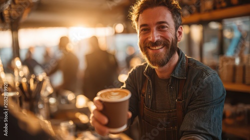 Friendly barista smiling serving coffee in a cozy café setting with warm lighting and bar atmosphere