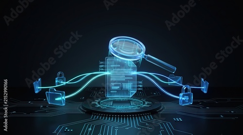 3D Holographic Magnifying Glass Scanning Digital Document with Padlocks and Folders for Cybersecurity, Data Audit, and Privacy Software Marketing