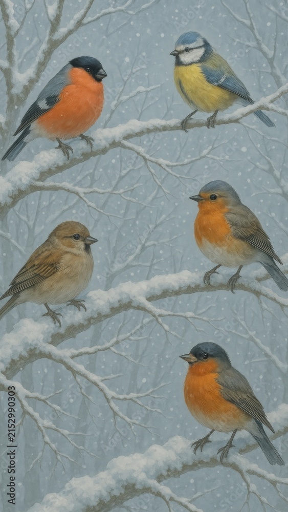 Fototapeta premium Vibrant birds on snowy branches mobile wallpaper