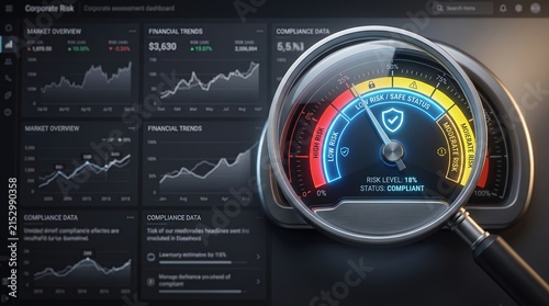 3D Illustration of Magnifying Glass Over Corporate Risk Dashboard with Compliance Gauge for Financial Auditing and Security Monitoring Presentations