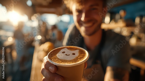 Young Man Enjoying Latte Art in Cozy Cafe, Afternoon Sunlight, Happiness