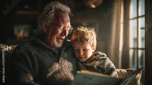 Elderly Man and Young Boy Reading Book Together in Cozy Sunlit Room