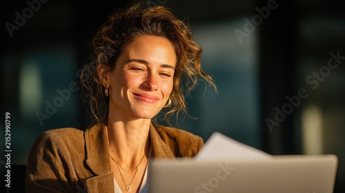 Close-up of smiling woman with curly hair working on laptop in modern office
