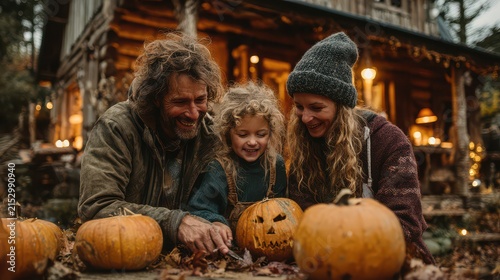 Family Celebrating Halloween with Carved Pumpkins in Front of Cozy Cabin