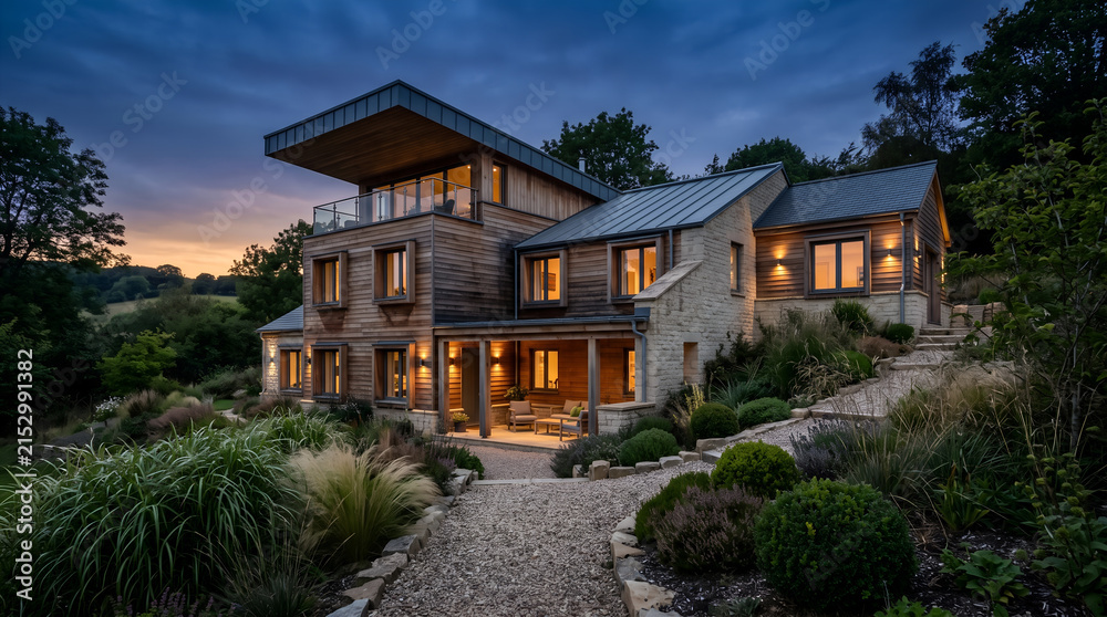 Fototapeta premium Modern luxury timber house at twilight, contemporary wooden villa with warm exterior lighting, sustainable architectural home design